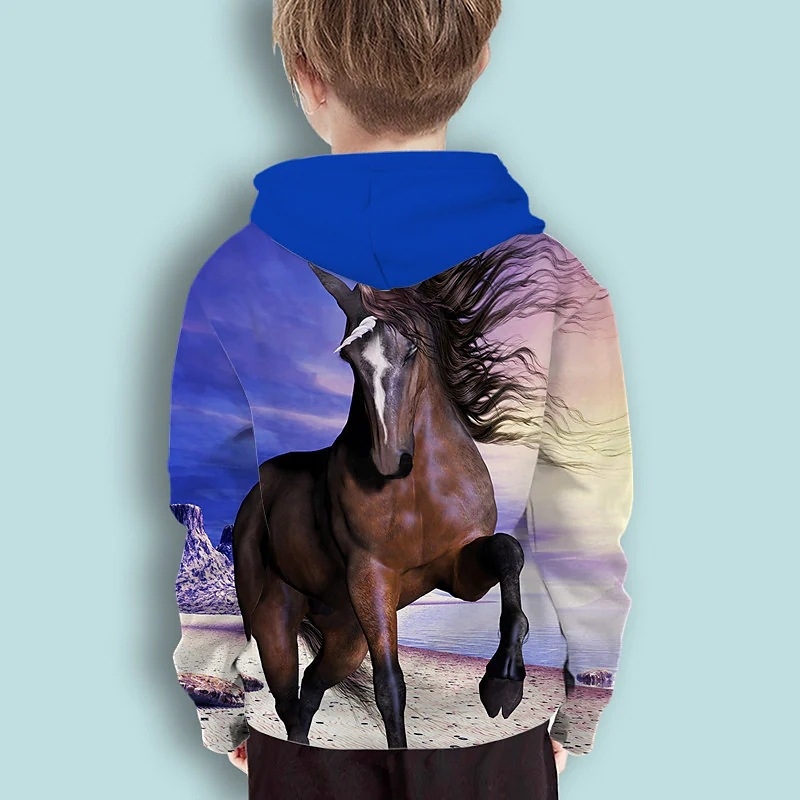 Euroopa ja Ameerika väliskaubanduse pluss-suuruses lasterõivaste digitaaltrükiga ükssarviku-hobuse kahekihiline kapuutsiga pikkade varrukatega dressipluus laste kapuutsiga hulgimüük