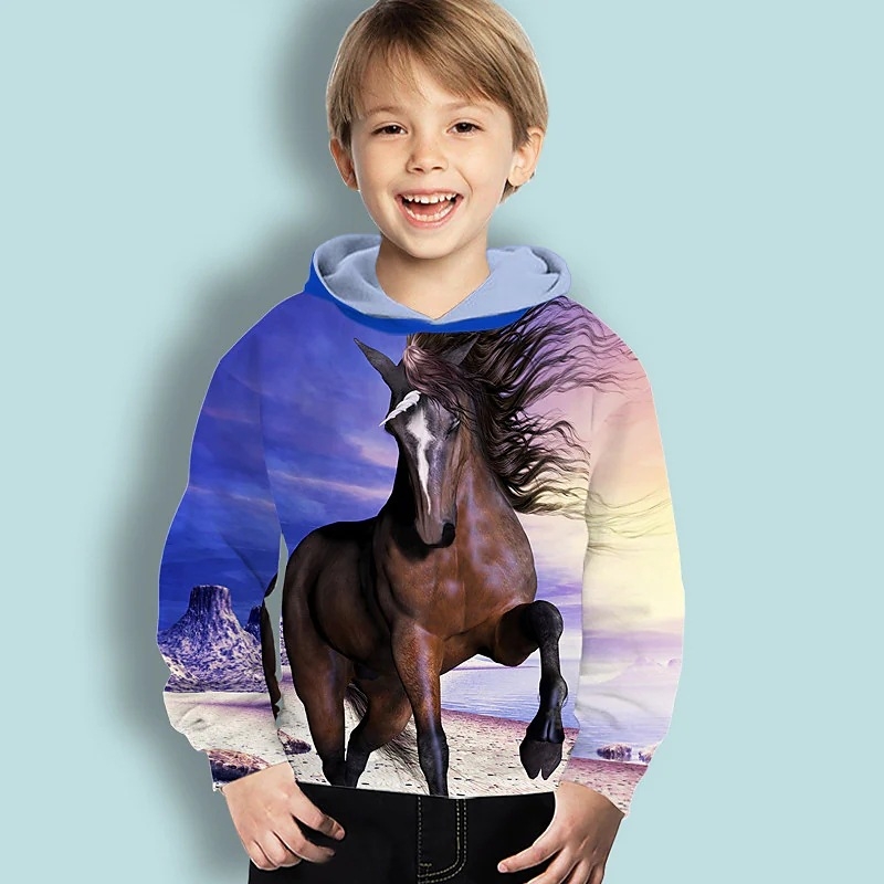 Euroopa ja Ameerika väliskaubanduse pluss-suuruses lasterõivaste digitaaltrükiga ükssarviku-hobuse kahekihiline kapuutsiga pikkade varrukatega dressipluus laste kapuutsiga hulgimüük