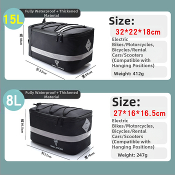 Dviračio bagažinės krepšys automobiliui, galinės sėdynės krepšys, vandeniui atsparus elektrinio dviračio krepšys, 8 l / 15 l dviračių priedai