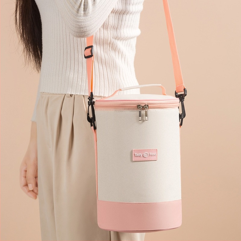 Изолирана чанта с презрамка, голяма удебелена цилиндрична кръгла многослойна кутия за обяд за офис работници и студенти, преносима чанта за обяд през рамо