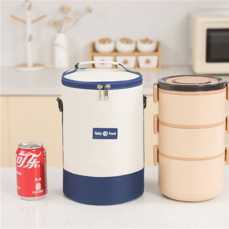 Изолирана чанта с презрамка, голяма удебелена цилиндрична кръгла многослойна кутия за обяд за офис работници и студенти, преносима чанта за обяд през рамо