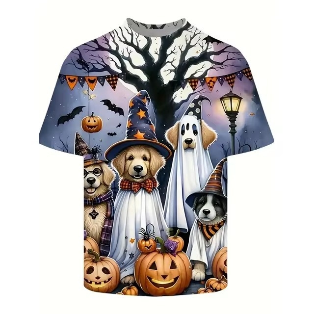 3D skaitmeninio spausdinimo vyriški marškinėliai su Helovino gyvūnų, šunų ir moliūgų raštu, trumpomis rankovėmis, vyriški dideli marškinėliai