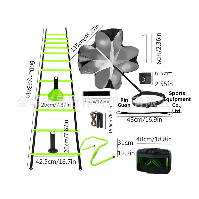 Футболна тренировка, гъвкава стълба, лого на диск, съпротивление, чадър, мек костюм, скачаща решетка, гъвкава стълба, въжена стълба, тренировъчен костюм
