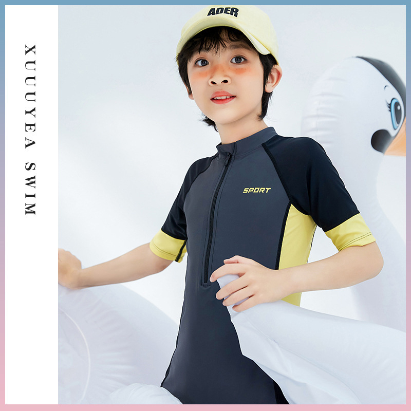 Παιδικό μαγιό, μαγιό για αγόρια, σετ σκουφιών κολύμβησης, μονοκόμματη στολή κατάδυσης με φερμουάρ στο μπροστινό μέρος, χονδρική, υψηλή ελαστικότητα