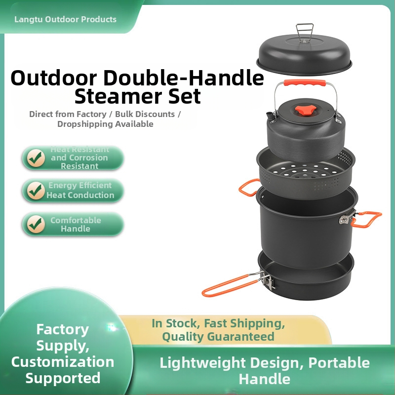 Uus 718 välistingimustes kasutatav alumiiniumisulamist telkimiskomplekt, pott, kahe kõrvaga auruti, kaasaskantav neljaosaline jagatud välistingimustes kasutatav köögitarbed