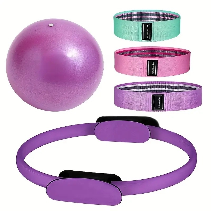 Pilates gredzenu komplekts, 5 daļu mājas fitnesa aprīkojums, ieskaitot jogas bumbu, jogas pretestības lenti, zābaku gredzenu
