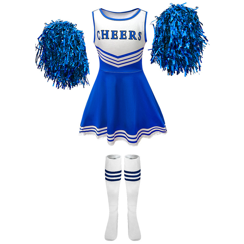 Európai és amerikai, határokon átnyúló gyermek mazsorett egyenruha, ötszínű ujjatlan futball baba mazsorett ruha zoknival mazsorett