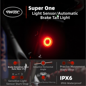 Dviračio išmanusis stabdžių galinis žibintas su automatiniu indukciniu užvedimu ir stabdymu, galinis žibintas su USB įkrovimu, TWOOC galinis žibintas