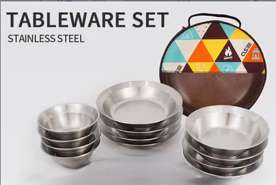 Roostevabast terasest õhtusöögitaldrikute komplekt õues kasutamiseks, telkimiseks mõeldud grillilauad, kaasaskantavad isejuhtivad grillitaldrikud, supikauss, kausikomplekt