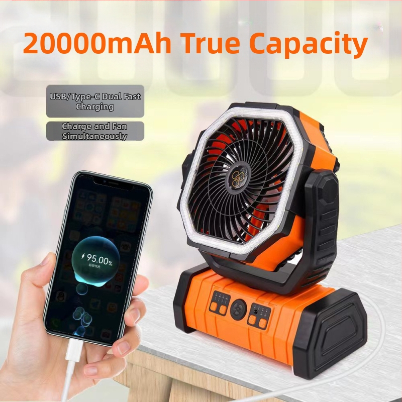 Къмпинг вентилатор за външен вентилатор, светлина, домакински вентилатор, зареждане на мобилен телефон, LED светлина, двойна кука, къмпинг вентилатор F6