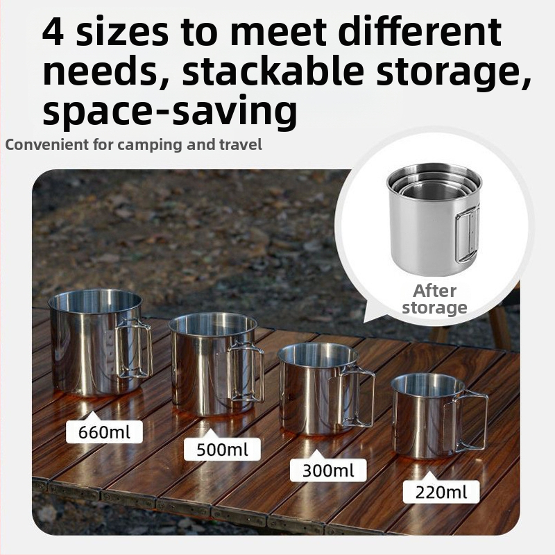 Многофункционална чаша от неръждаема стомана, комплект преносими чаши за къмпинг, катерене, къмпинг прибори, многофункционална чаша за вода от 4 части