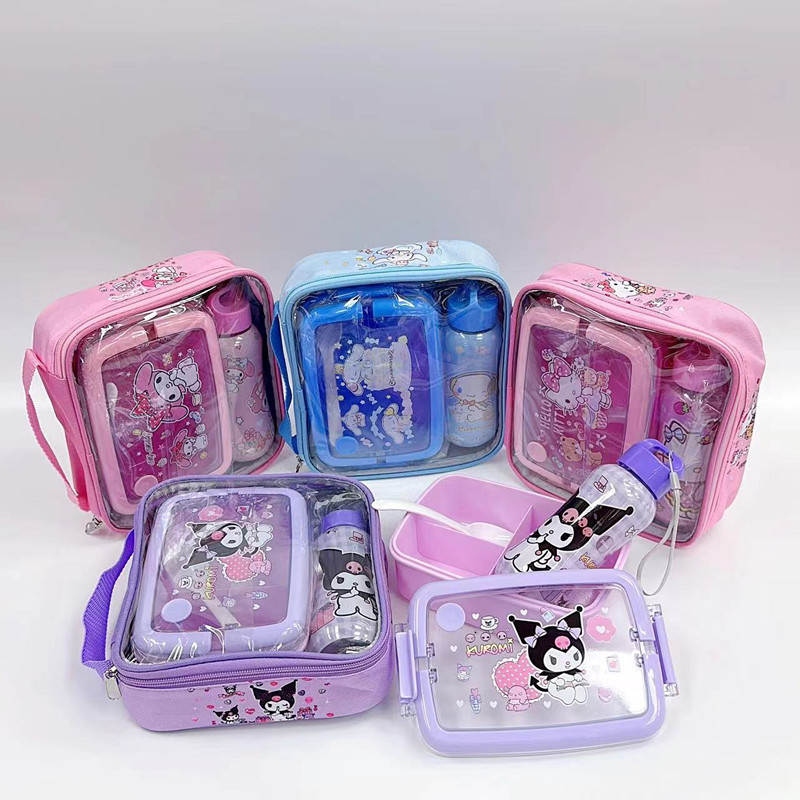 Kulo Sanli Cutie de prânz din plastic pentru copii, costum de ceainic pentru copii, ceașcă de apă cu paie pentru copii, cutie de prânz cu trei compartimente