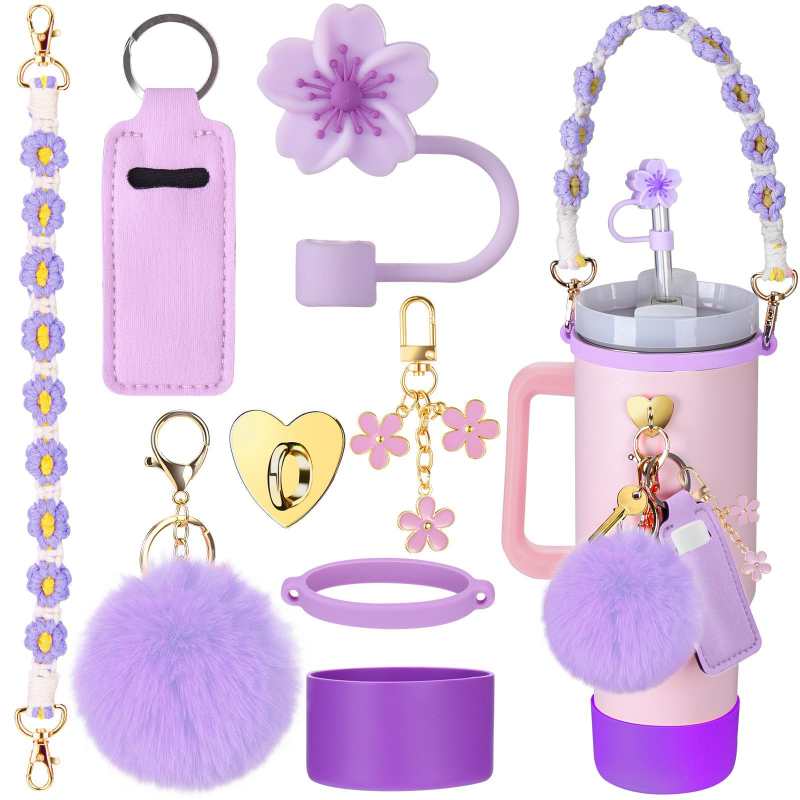 Set de 8 piese europene și americane Stanley Cup Flower Cap Cup Set Cup Lanț pentru ceașcă Floare roz Pandantiv Cheie Minge de pluș