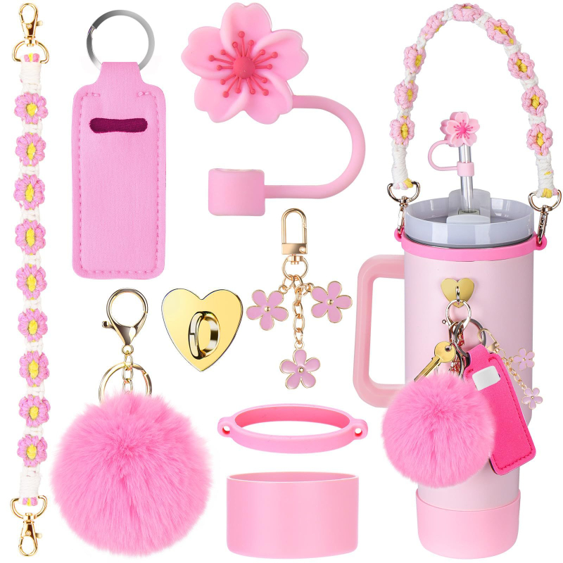 Set de 8 piese europene și americane Stanley Cup Flower Cap Cup Set Cup Lanț pentru ceașcă Floare roz Pandantiv Cheie Minge de pluș