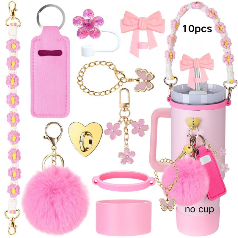 Set de 8 piese europene și americane Stanley Cup Flower Cap Cup Set Cup Lanț pentru ceașcă Floare roz Pandantiv Cheie Minge de pluș