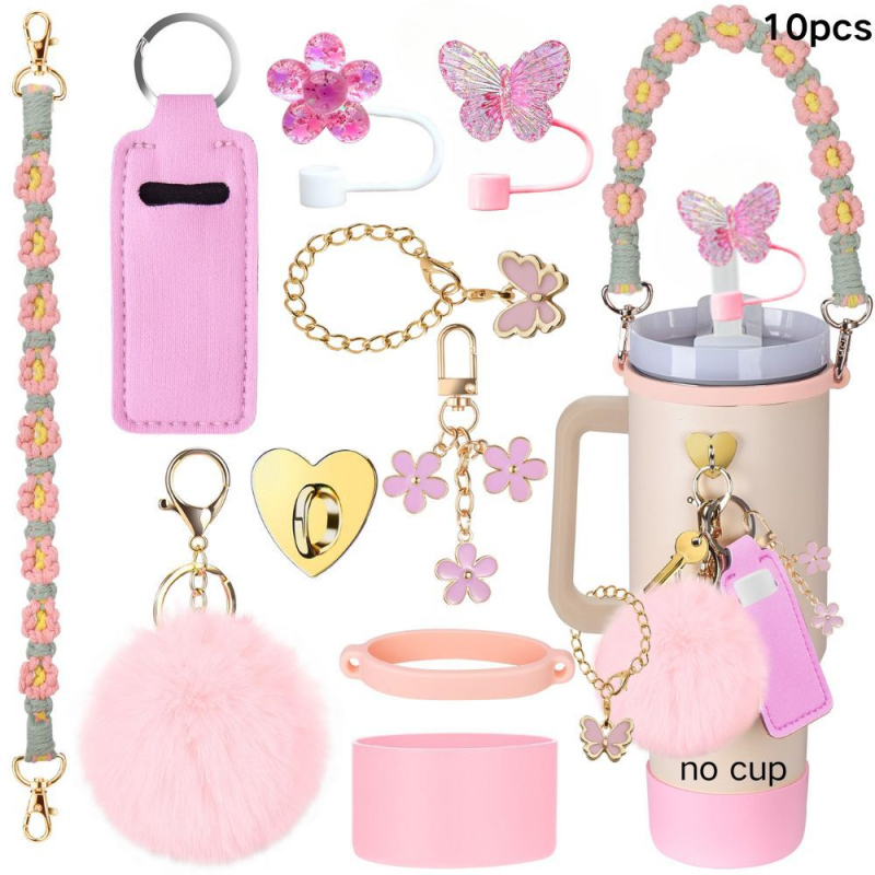 Set de 8 piese europene și americane Stanley Cup Flower Cap Cup Set Cup Lanț pentru ceașcă Floare roz Pandantiv Cheie Minge de pluș