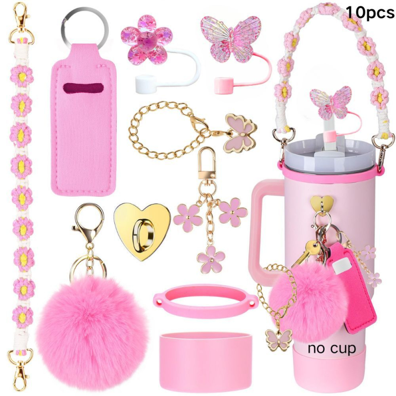 Set de 8 piese europene și americane Stanley Cup Flower Cap Cup Set Cup Lanț pentru ceașcă Floare roz Pandantiv Cheie Minge de pluș