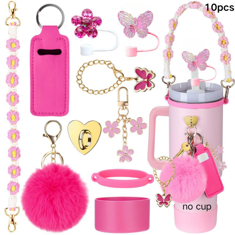 Set de 8 piese europene și americane Stanley Cup Flower Cap Cup Set Cup Lanț pentru ceașcă Floare roz Pandantiv Cheie Minge de pluș