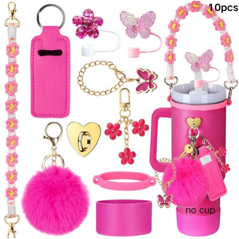 Set de 8 piese europene și americane Stanley Cup Flower Cap Cup Set Cup Lanț pentru ceașcă Floare roz Pandantiv Cheie Minge de pluș