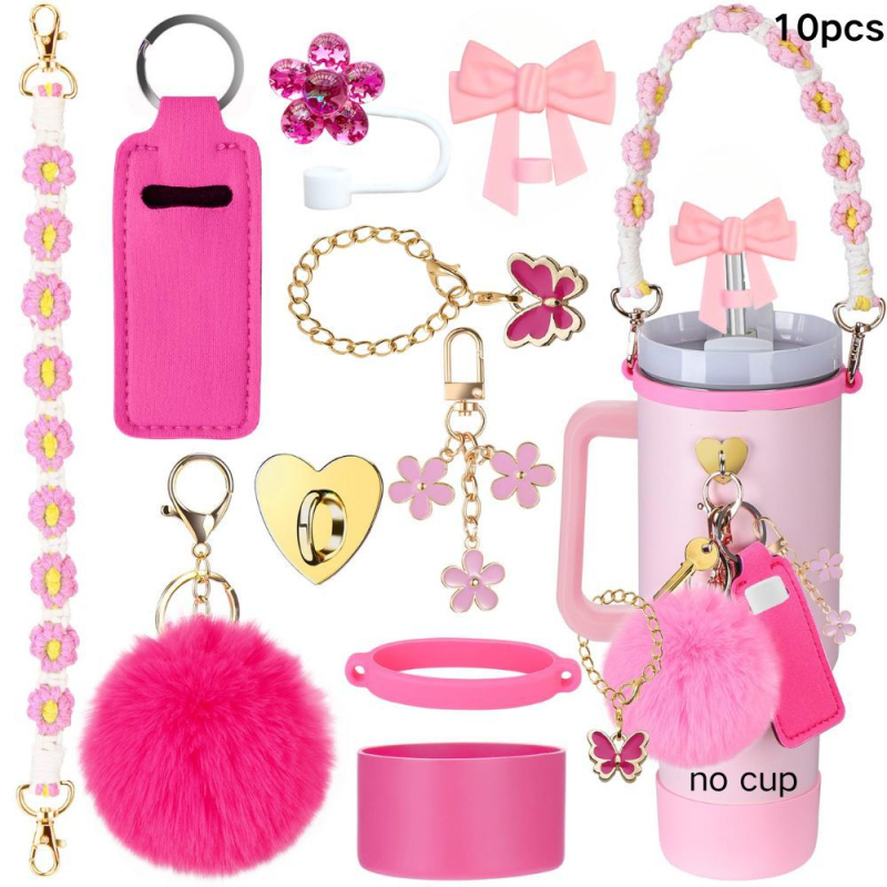 Set de 8 piese europene și americane Stanley Cup Flower Cap Cup Set Cup Lanț pentru ceașcă Floare roz Pandantiv Cheie Minge de pluș