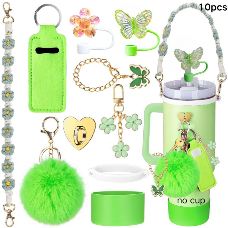 Set de 8 piese europene și americane Stanley Cup Flower Cap Cup Set Cup Lanț pentru ceașcă Floare roz Pandantiv Cheie Minge de pluș
