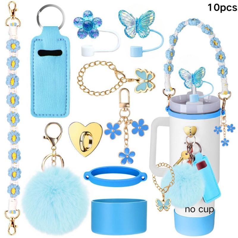 Set de 8 piese europene și americane Stanley Cup Flower Cap Cup Set Cup Lanț pentru ceașcă Floare roz Pandantiv Cheie Minge de pluș