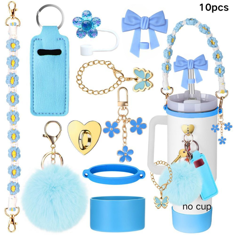 Set de 8 piese europene și americane Stanley Cup Flower Cap Cup Set Cup Lanț pentru ceașcă Floare roz Pandantiv Cheie Minge de pluș