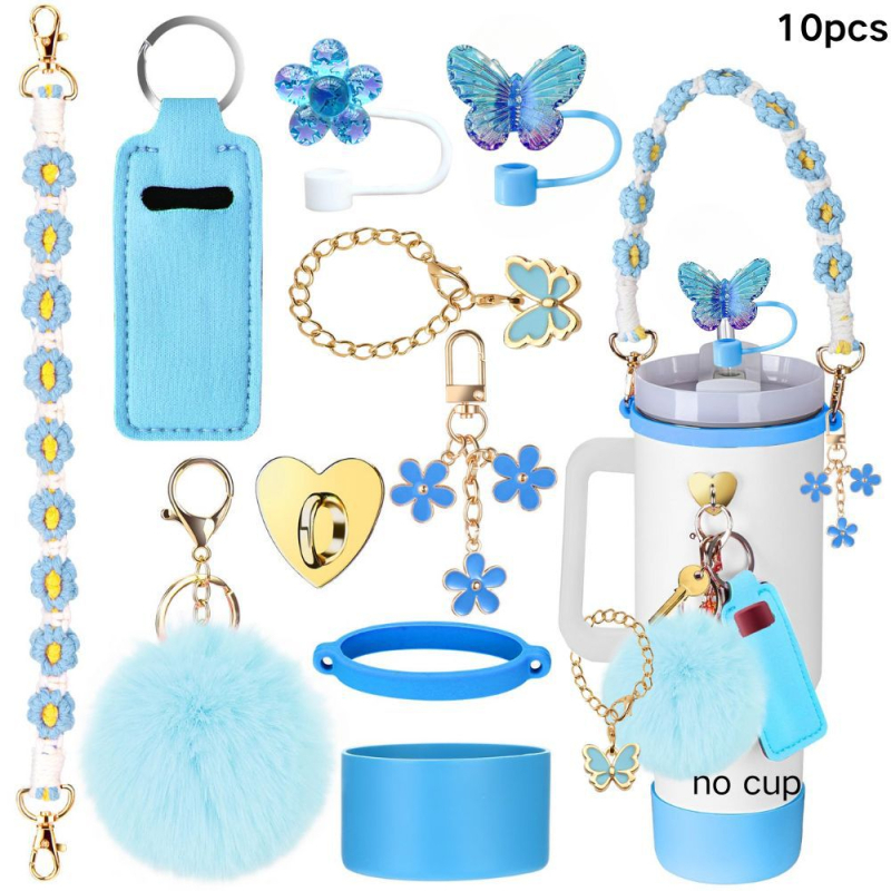 Set de 8 piese europene și americane Stanley Cup Flower Cap Cup Set Cup Lanț pentru ceașcă Floare roz Pandantiv Cheie Minge de pluș