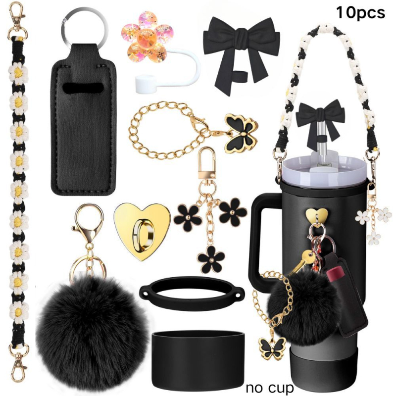 Set de 8 piese europene și americane Stanley Cup Flower Cap Cup Set Cup Lanț pentru ceașcă Floare roz Pandantiv Cheie Minge de pluș