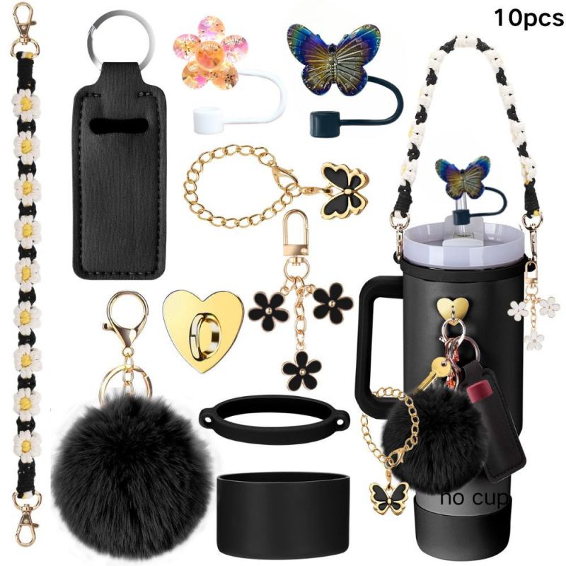 Set de 8 piese europene și americane Stanley Cup Flower Cap Cup Set Cup Lanț pentru ceașcă Floare roz Pandantiv Cheie Minge de pluș