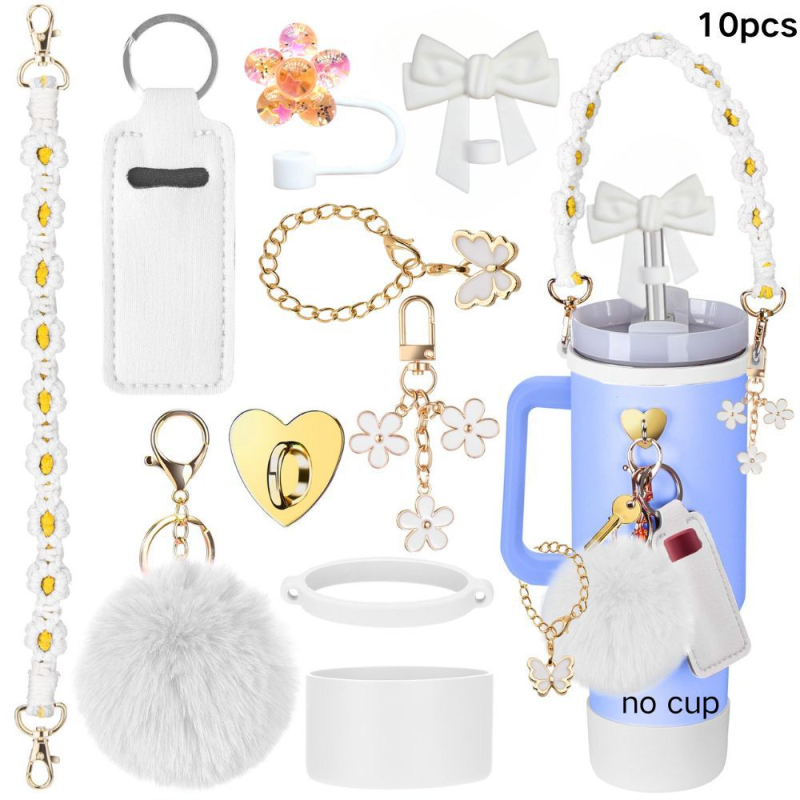Set de 8 piese europene și americane Stanley Cup Flower Cap Cup Set Cup Lanț pentru ceașcă Floare roz Pandantiv Cheie Minge de pluș