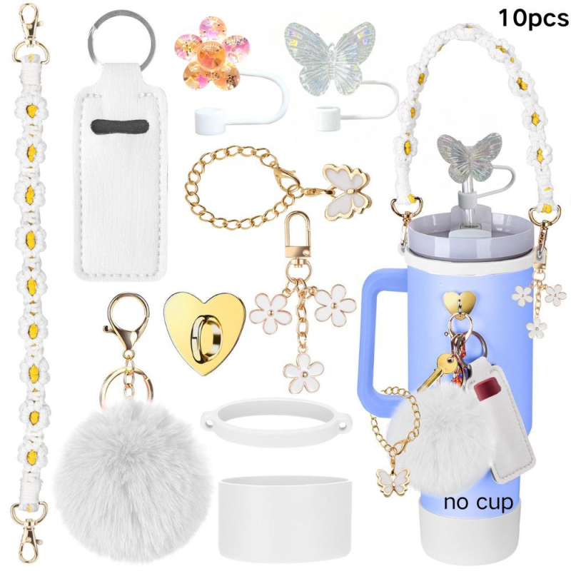 Set de 8 piese europene și americane Stanley Cup Flower Cap Cup Set Cup Lanț pentru ceașcă Floare roz Pandantiv Cheie Minge de pluș