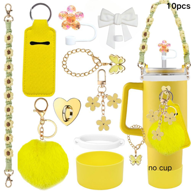 Set de 8 piese europene și americane Stanley Cup Flower Cap Cup Set Cup Lanț pentru ceașcă Floare roz Pandantiv Cheie Minge de pluș