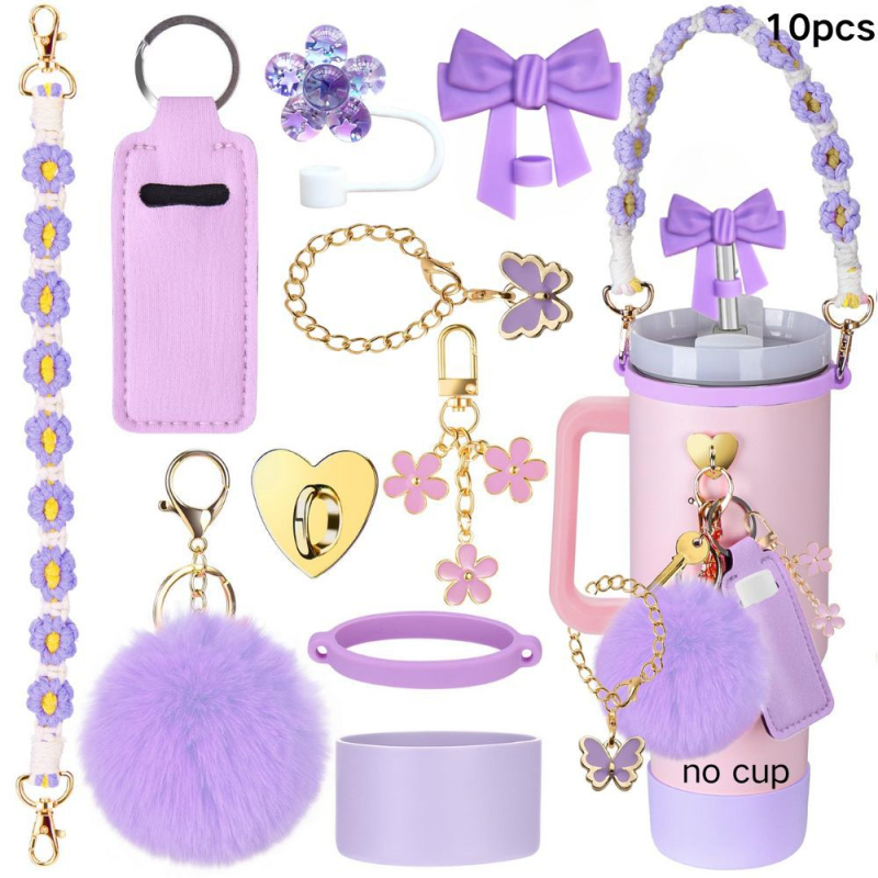 Set de 8 piese europene și americane Stanley Cup Flower Cap Cup Set Cup Lanț pentru ceașcă Floare roz Pandantiv Cheie Minge de pluș