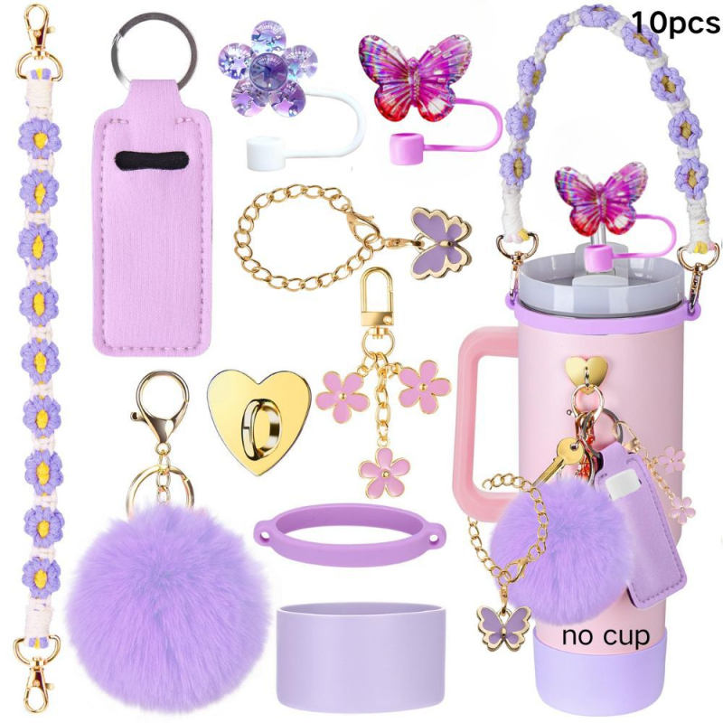Set de 8 piese europene și americane Stanley Cup Flower Cap Cup Set Cup Lanț pentru ceașcă Floare roz Pandantiv Cheie Minge de pluș