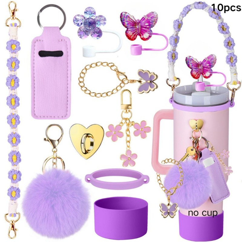Set de 8 piese europene și americane Stanley Cup Flower Cap Cup Set Cup Lanț pentru ceașcă Floare roz Pandantiv Cheie Minge de pluș