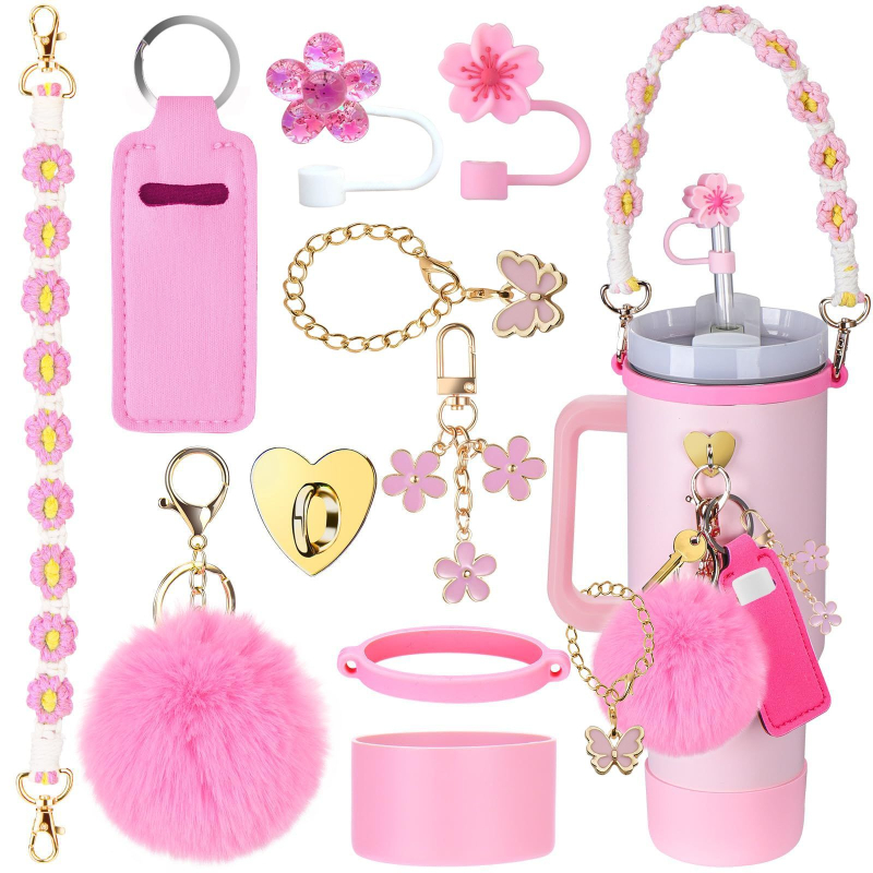 Set de 8 piese europene și americane Stanley Cup Flower Cap Cup Set Cup Lanț pentru ceașcă Floare roz Pandantiv Cheie Minge de pluș