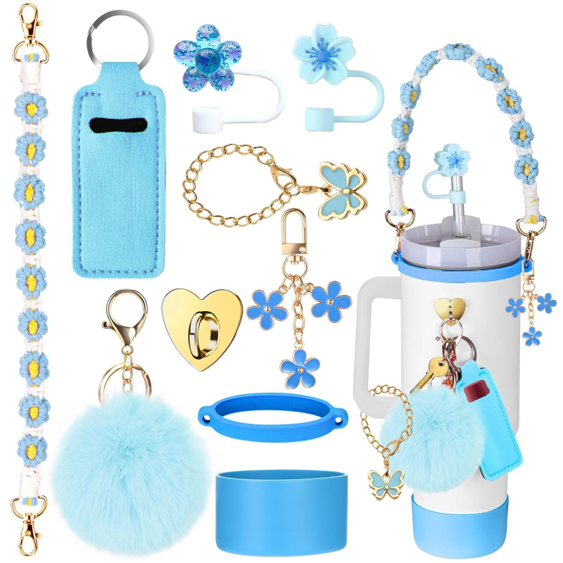 Set de 8 piese europene și americane Stanley Cup Flower Cap Cup Set Cup Lanț pentru ceașcă Floare roz Pandantiv Cheie Minge de pluș