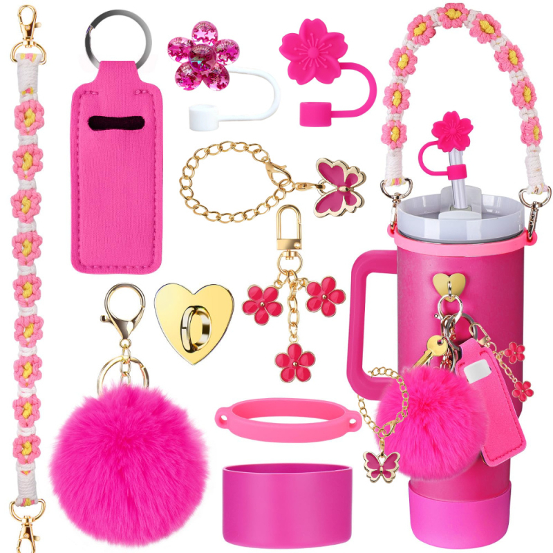 Set de 8 piese europene și americane Stanley Cup Flower Cap Cup Set Cup Lanț pentru ceașcă Floare roz Pandantiv Cheie Minge de pluș
