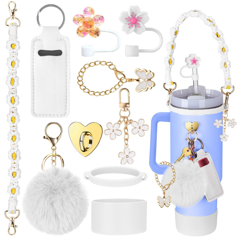 Set de 8 piese europene și americane Stanley Cup Flower Cap Cup Set Cup Lanț pentru ceașcă Floare roz Pandantiv Cheie Minge de pluș