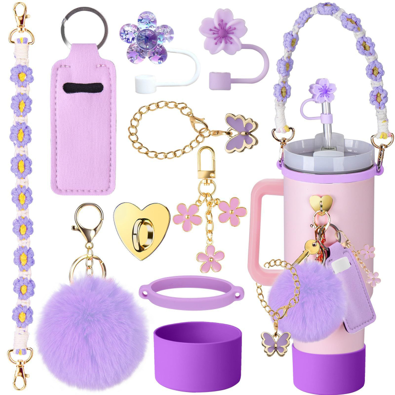 Set de 8 piese europene și americane Stanley Cup Flower Cap Cup Set Cup Lanț pentru ceașcă Floare roz Pandantiv Cheie Minge de pluș