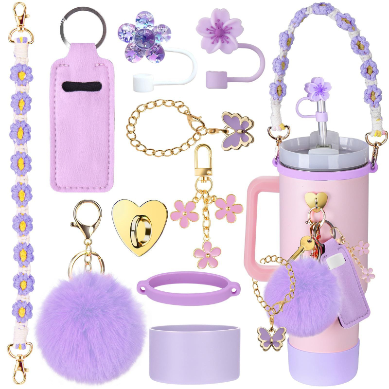 Set de 8 piese europene și americane Stanley Cup Flower Cap Cup Set Cup Lanț pentru ceașcă Floare roz Pandantiv Cheie Minge de pluș