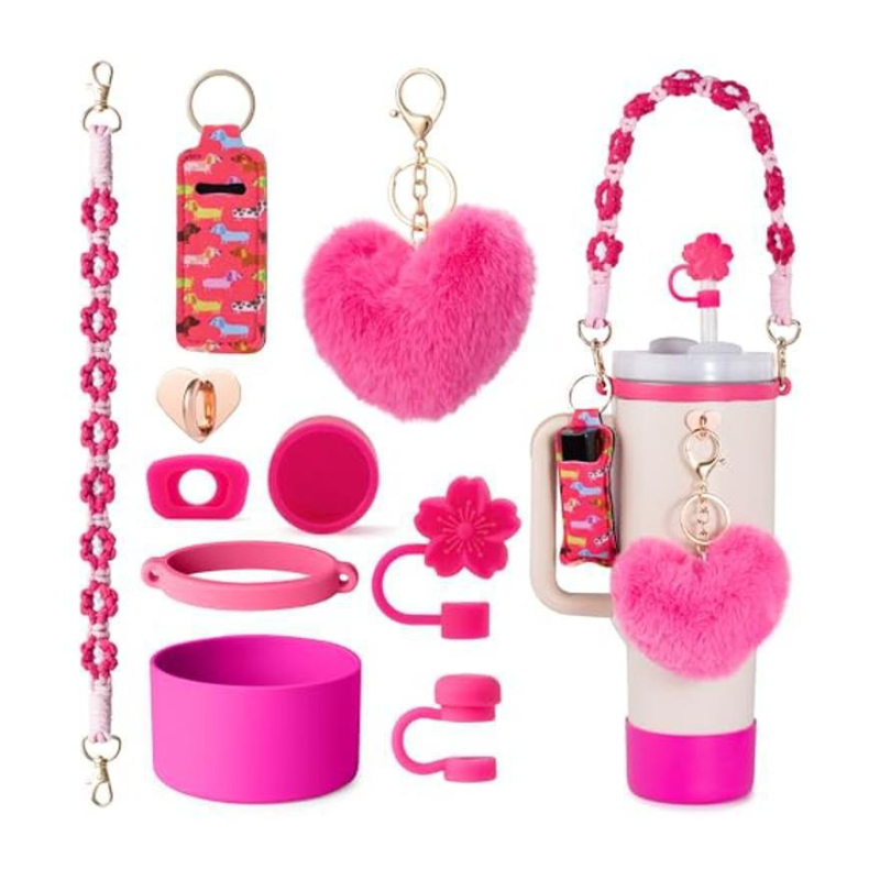 Set de 8 piese europene și americane Stanley Cup Flower Cap Cup Set Cup Lanț pentru ceașcă Floare roz Pandantiv Cheie Minge de pluș