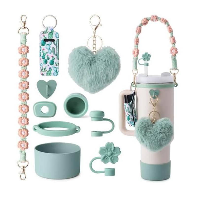 Set de 8 piese europene și americane Stanley Cup Flower Cap Cup Set Cup Lanț pentru ceașcă Floare roz Pandantiv Cheie Minge de pluș