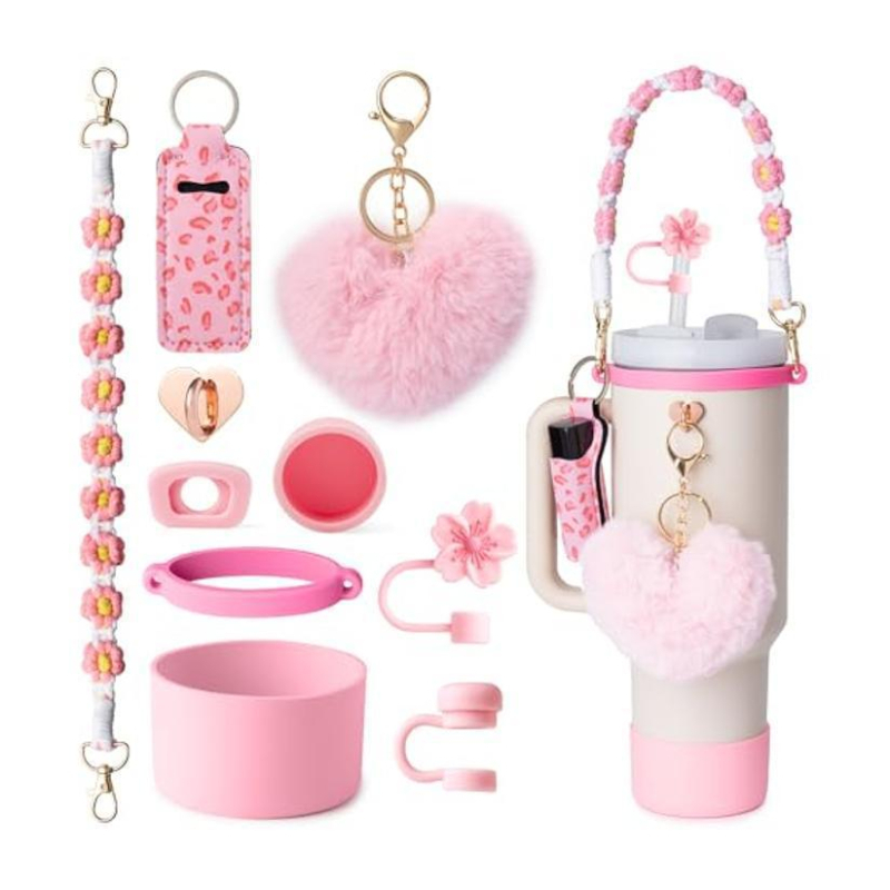 Set de 8 piese europene și americane Stanley Cup Flower Cap Cup Set Cup Lanț pentru ceașcă Floare roz Pandantiv Cheie Minge de pluș