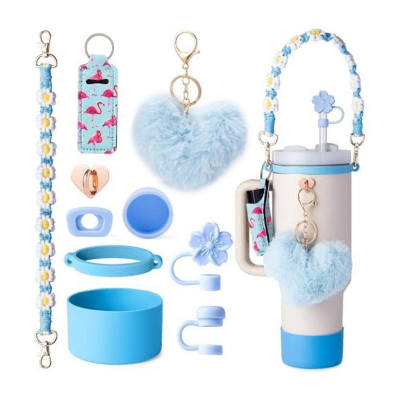 Set de 8 piese europene și americane Stanley Cup Flower Cap Cup Set Cup Lanț pentru ceașcă Floare roz Pandantiv Cheie Minge de pluș