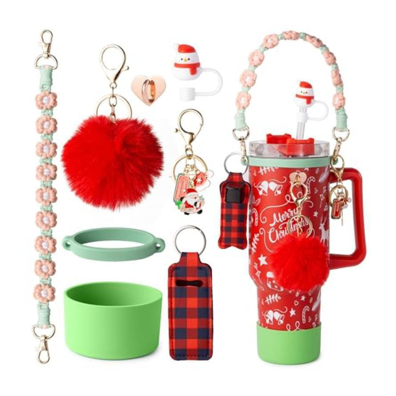 Set de 8 piese europene și americane Stanley Cup Flower Cap Cup Set Cup Lanț pentru ceașcă Floare roz Pandantiv Cheie Minge de pluș