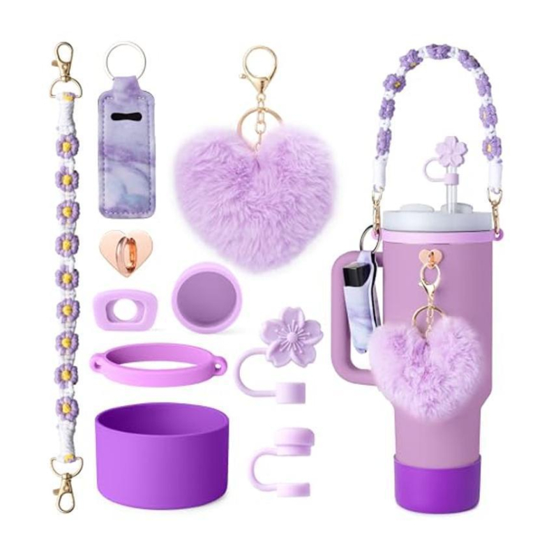 Set de 8 piese europene și americane Stanley Cup Flower Cap Cup Set Cup Lanț pentru ceașcă Floare roz Pandantiv Cheie Minge de pluș