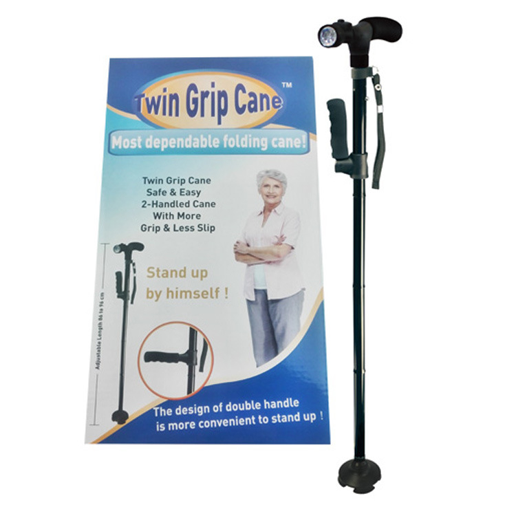 Kétkezes, riasztóval ellátott, öregembernek való mankó, alumínium ötvözetből készült, teleszkópos, összecsukható, LED-es világítású, négylábú öregembernek való mankó