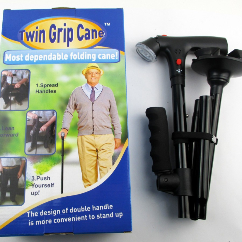 Kétkezes, riasztóval ellátott, öregembernek való mankó, alumínium ötvözetből készült, teleszkópos, összecsukható, LED-es világítású, négylábú öregembernek való mankó